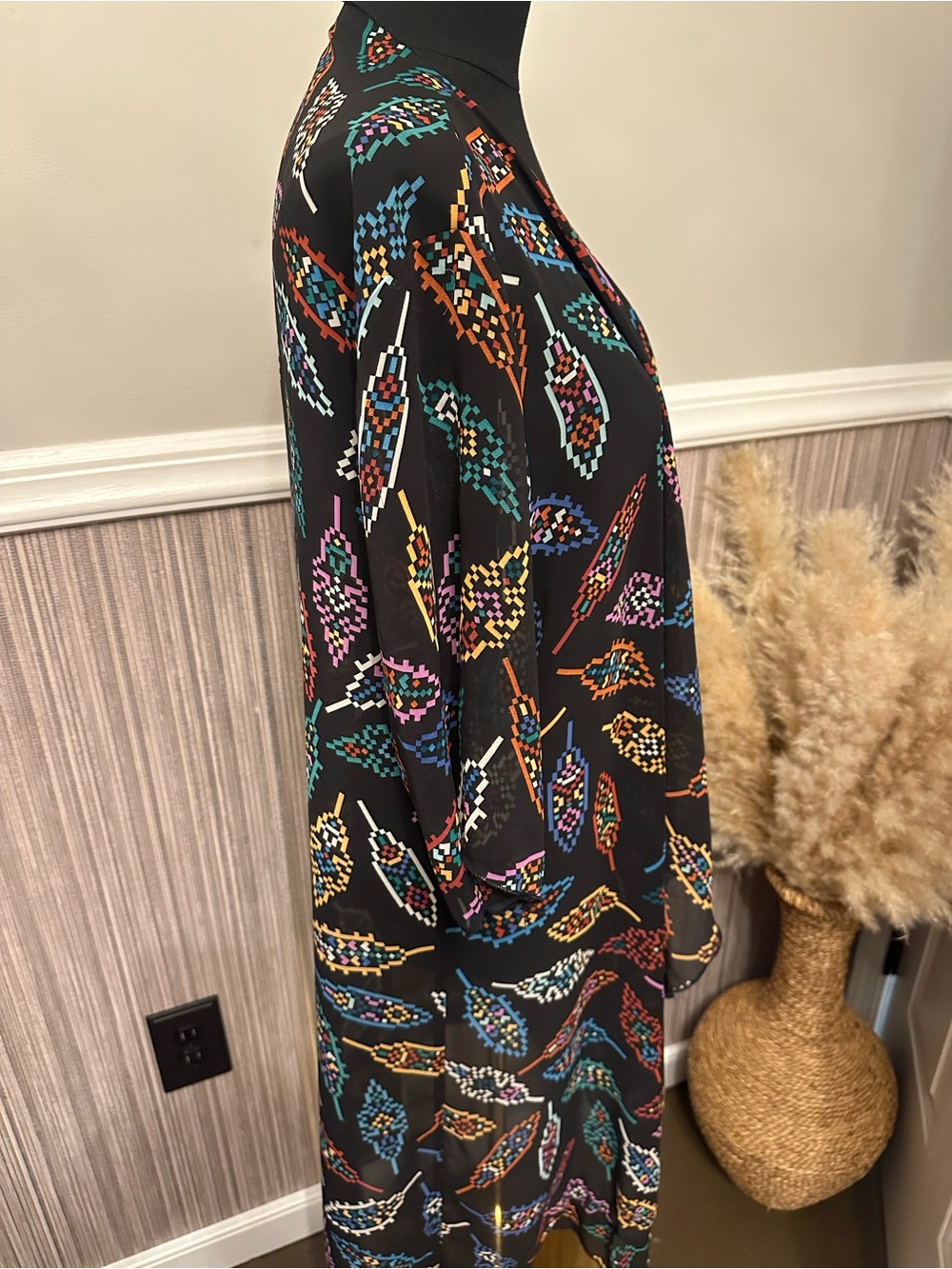 Boho Sheer Feather Print Kimono Duster Medium High Low Festival Cardigan Black - Picture 5 of 7